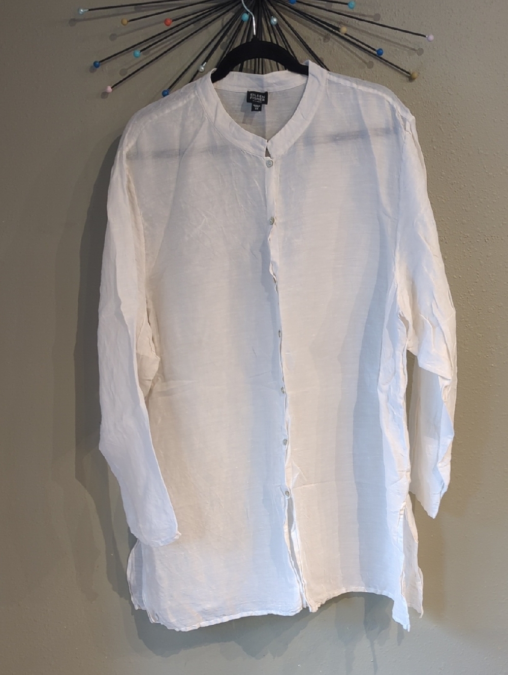 Eileen Fisher Linen Silk White Button Down Lagenlook Beachy Minimalist Coastal